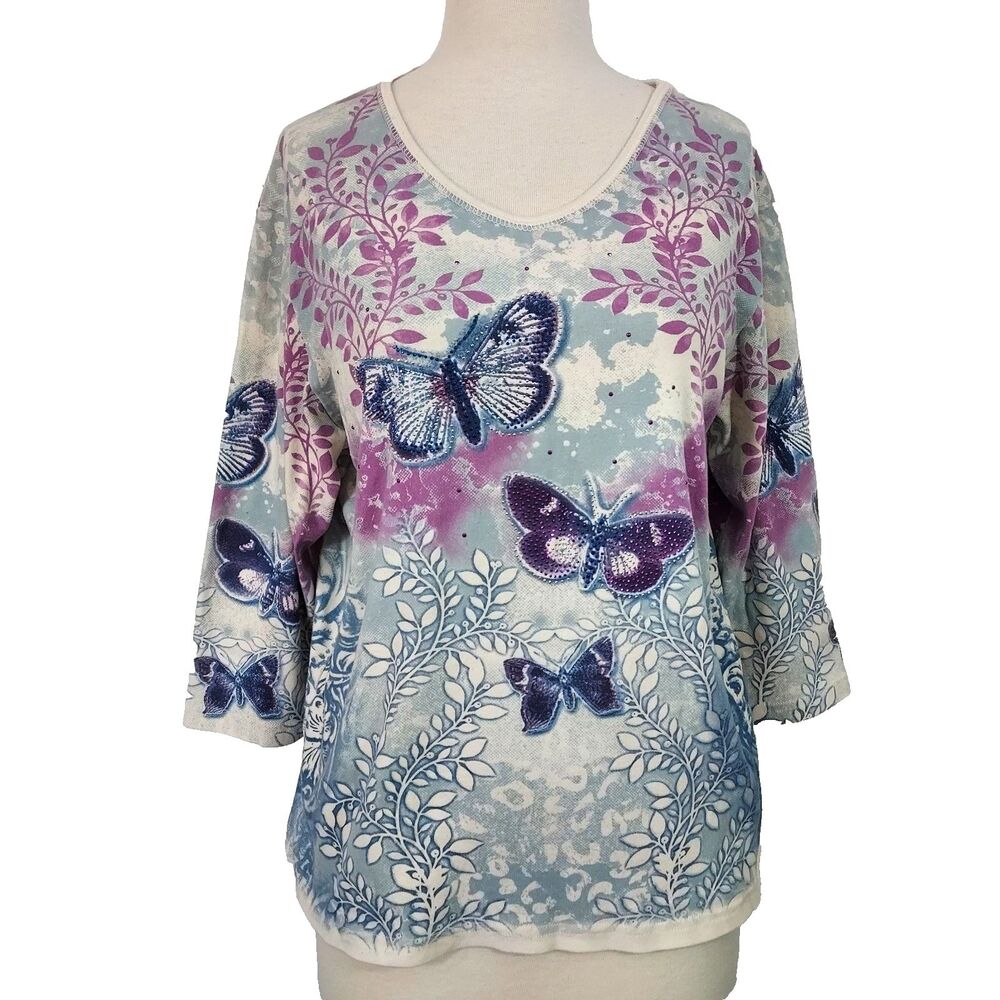 Cactus Bay Top Women Size XXL Butterfly Floral Rhinestone Bling Purple Blue